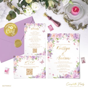 Peut inclure: Une suite d'invitations de mariage avec un motif floral orné de papillons et un accent en feuille d'or. L'invitation indique "Ensemble avec leurs parents, Kaitlyn & Andrew vous invitent à vous joindre à eux pour la célébration de leur mariage... Samedi 5 juin, Deux mille vingt-quatre, à 16h30... Gold Bead Park, 2312 Lake Road, Lynn, RA 68111. Réception à suivre."