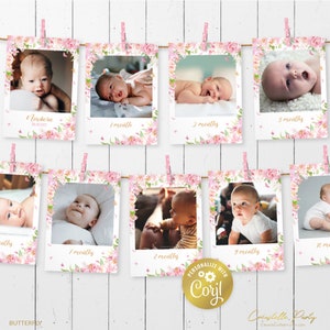 Bannière papillon premier anniversaire, première année rose modifiable en images, cartes photo, guirlande photo imprimable 12 mois, modèle corjl
