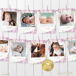 Bannière papillon premier anniversaire, lavande modifiable première année en images, cartes photo, guirlande photo imprimable 12 mois, modèle corjl