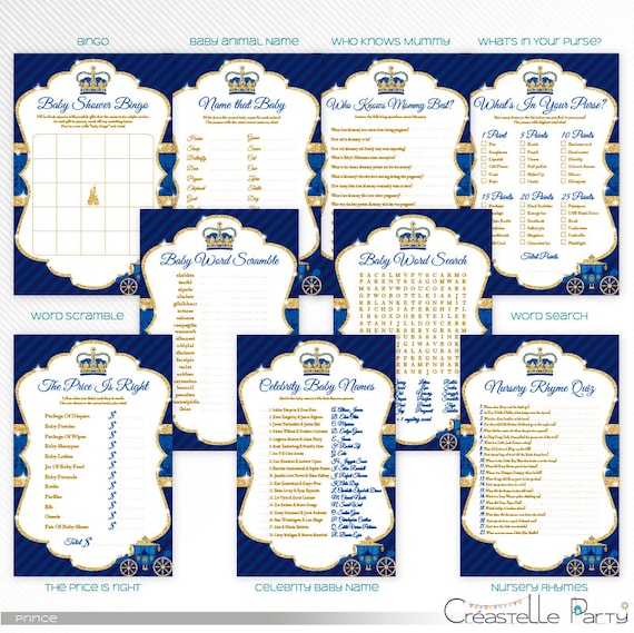 Princess baby shower printable games package 2 INSTANT DOWNLOAD blue and gold glitter royal game bundle
