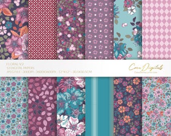Floral Digital Paper Pack, Teal, Purple, Orange, 12 seamless ditsy flowers pattern (Digital Download)