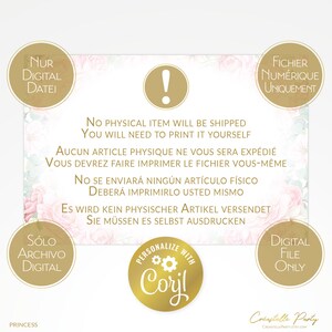 May include: A digital download graphic with a pink floral background and text that reads "No physical item will be shipped. You will need to print it yourself." in English, French, German, Spanish, and Portuguese.