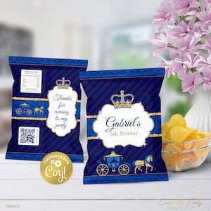 Prince editable chip bag wrapper, royal navy blue and gold birthday snacks label, digital favor, crown printable label, corjl template