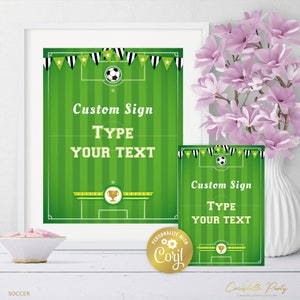 Soccer field custom sign template, green football editable printable, sport team party decoration, soccer ball party sign, corjl template