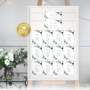 Plantilla de plano de asientos con diseño floral azul, plano de asientos en azul marino y crema, plantilla editable para encontrar su asiento, flores y vegetación para imprimir, plantilla corjl
