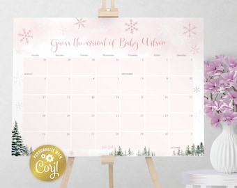 Op de afbeelding: Een roze en witte kalender met een winterbos-thema. De kalender is bedoeld om de komst van Baby Wilson te raden. De tekst "Guess the arrival of Baby Wilson" staat bovenaan de kalender. De kalender is versierd met sneeuwvlokken en een winterbos-scène.