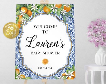 Mediterranean oranges welcome sign, a little cutie party editable sign, azulejo printable party decoration, editable with corjl