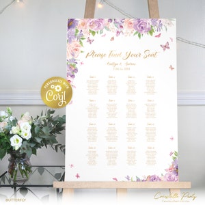Plantilla de tabla de asientos de mariposa, signo de plan de asientos de retrato dorado y lavanda, plano de mesa editable floral púrpura, imprimible, plantilla corjl
