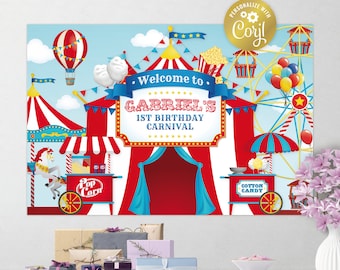 Editable carnival backdrop file, big top party poster, decoration, red and blue circus birthday background, corjl template, FILE ONLY