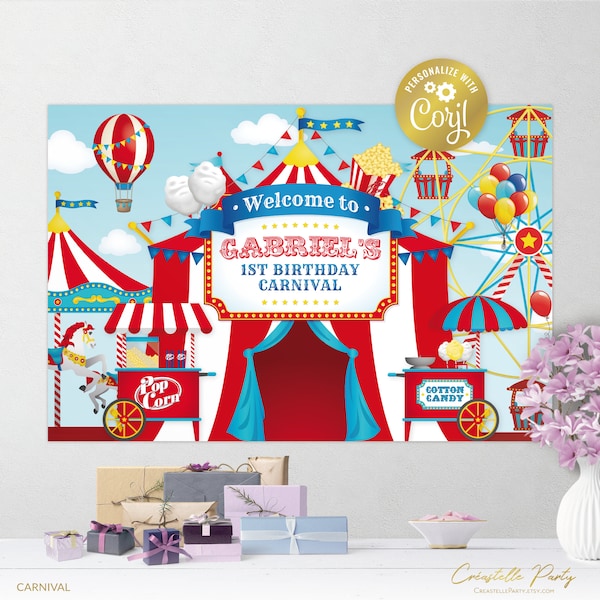 Editable carnival backdrop file, big top party poster, decoration, red and blue circus birthday background, corjl template, FILE ONLY