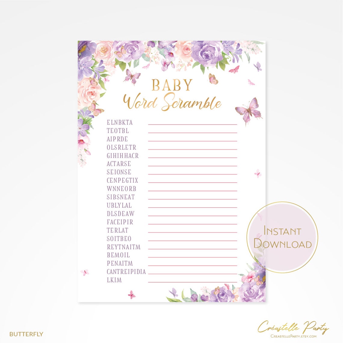 Word scramble butterfly printable baby shower game blush | Etsy