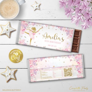 Ballerina & Schmetterling Schokoladentafel Wrapper, rosa Geburtstag Snacks Etikett, Ballett digitales Gastgeschenk, druckbar, Corjl Vorlage