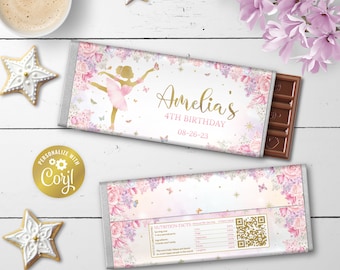 May include: A pink and white chocolate bar wrapper with a ballerina and butterflies. The wrapper says "Amelia's 4th Birthday 08-26-23".