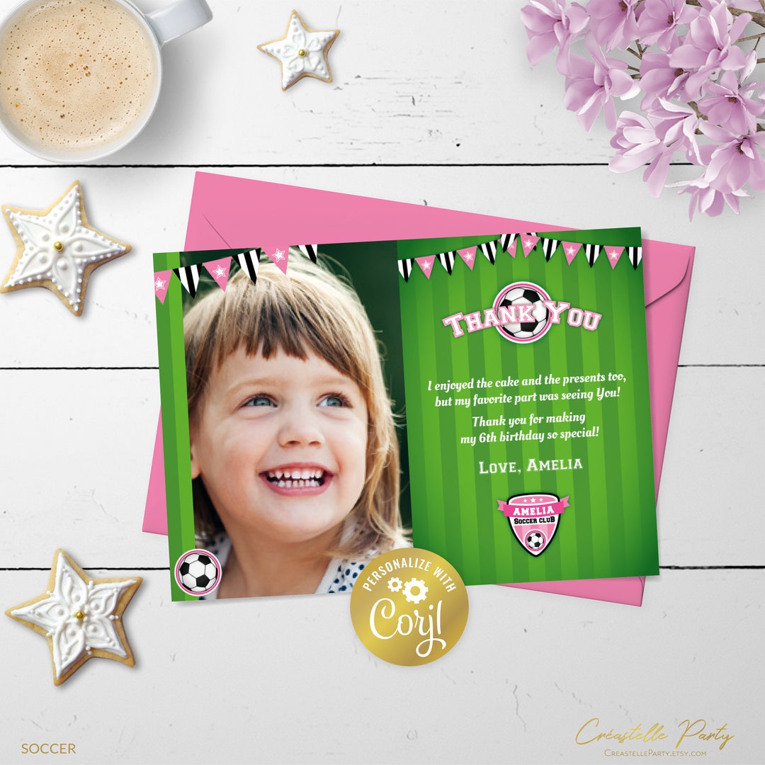 Soccer Field Editable Thank You Card, Pink Football Digital Party Photo Card, Sport Team