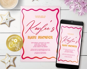 Wavy invitation, editable pink & orange baby shower digital invitation, retro wave edge printable, squiggly frame evite, corjl template
