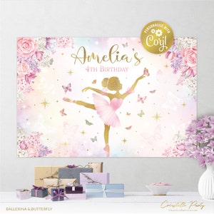 Editable ballerina & butterfly backdrop file, pink, lavender floral poster, party decor, lilac flower background, corjl template, FILE ONLY