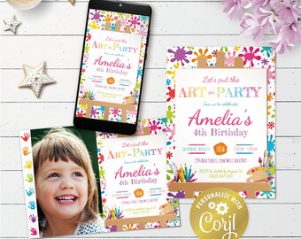 Invitación a fiesta de arte, invitación imprimible a fiesta de pintura, invitación digital de cumpleaños de artista, evita arcoíris de caballete, editable con corjl