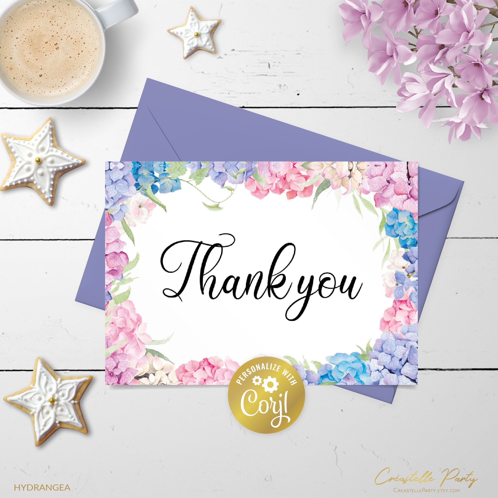 Hydrangea Editable Thank You Card, Pink and Blue Digital Party Photo ...