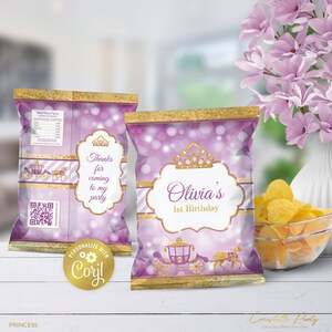 Princess editable chip bag wrapper, royal crown birthday snacks label, digital party favor, gold & purple bokeh printable, corjl template