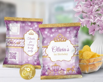 Princess editable chip bag wrapper, royal crown birthday snacks label, digital party favor, gold & purple bokeh printable, corjl template