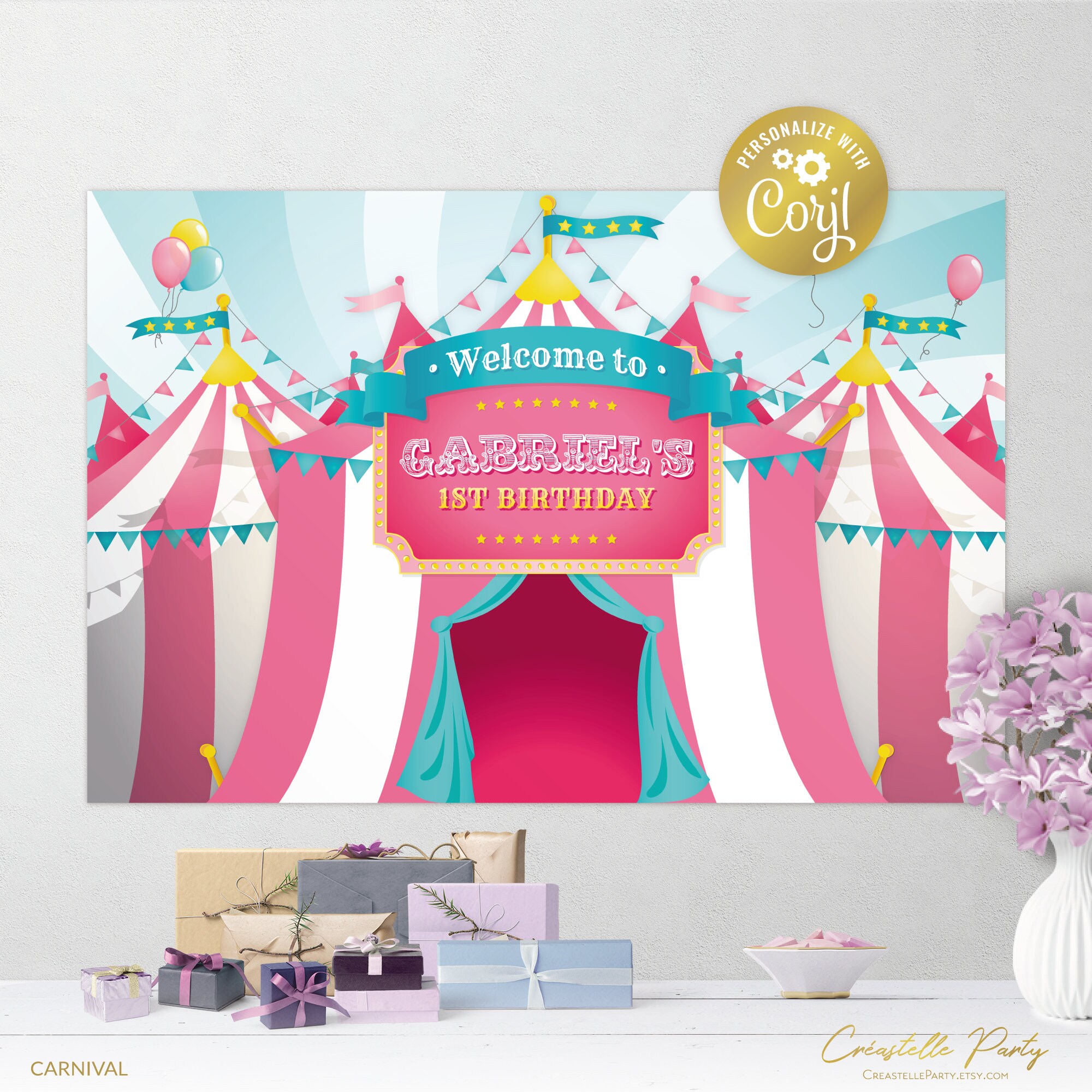 Editable carnival backdrop file, big top party poster, decoration, pink and aqua circus birthday background, corjl template, FILE ONLY