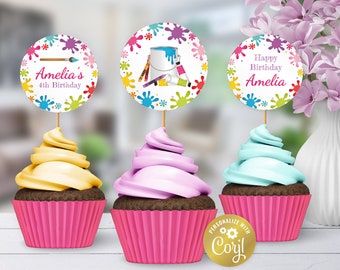 Art party editable cupcake toppers, painting party birthday label, rainbow digital party favor, printable cake decoration, corjl template