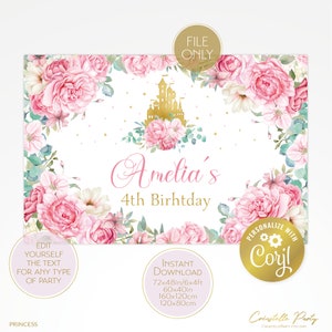 Editable Princess backdrop file, royal castle poster, pink, gold party decoration, watercolor floral background, corjl template, FILE ONLY image 3