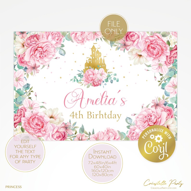 Editable Princess backdrop file, royal castle poster, pink, gold party decoration, watercolor floral background, corjl template, FILE ONLY image 3