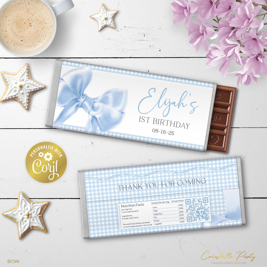 Bow Editable Chocolate Bar Wrapper, Blue Elegant Ribbon Birthday Snacks ...