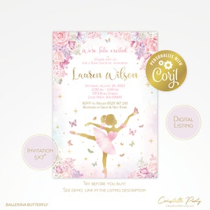 May include: A pink and gold ballerina baby shower invitation with a silhouette of a ballerina in a pink tutu and gold shoes. The invitation includes the text "We're Sulu excited" and "Lauren Wilson".