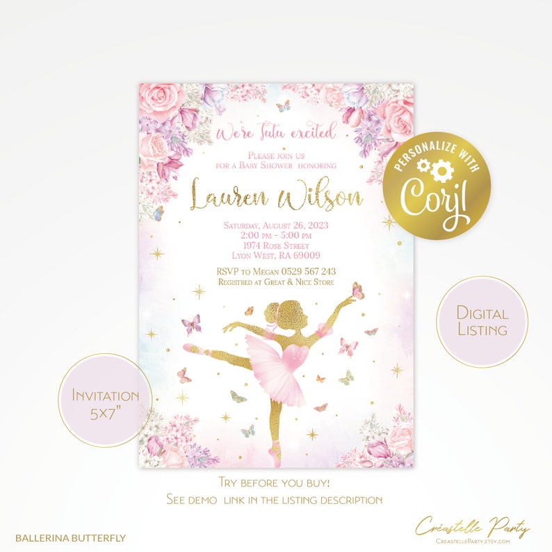May include: A pink and gold ballerina baby shower invitation with a silhouette of a ballerina in a pink tutu and gold shoes. The invitation includes the text "We're Sulu excited" and "Lauren Wilson".