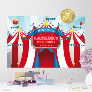 Editable carnival backdrop file, big top party poster, decoration, red and blue circus birthday background, corjl template, FILE ONLY