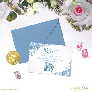 Tarjeta editable RSVP floral victoriana, plantilla de inserción de boda imprimible azul vintage, recinto digital de arte de línea botánica, plantilla corjl