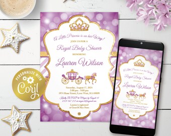 Princess invitation, editable royal crown baby shower digital invitation, gold and purple bokeh printable, carriage evite, corjl template