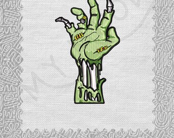 May include: Green zombie hand with yellow stitching and a white bone structure. The hand is reaching up with fingers outstretched. The text "MY MOOD" is below the hand in yellow letters.