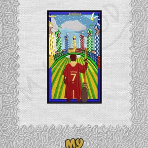 Puede incluir: Parche bordado que representa una figura con una túnica roja con una escoba, caminando por un camino a rayas verdes y amarillas hacia un edificio. El parche tiene un borde azul y un fondo de edificios coloridos y un cielo nublado.