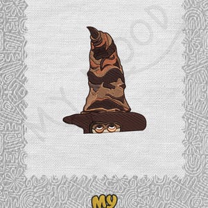 May include: Embroidered patch featuring the Sorting Hat from a popular fantasy series. The hat is brown with darker brown and orange accents. The patch also includes the text "My Mood" in a stylized font.
