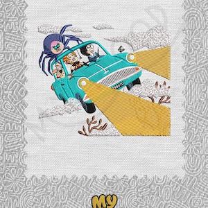 May include: Embroidered patch featuring a teal car with passengers, a large spider, and beams of light. The car has a license plate that reads "7990TD". The patch is bordered by a decorative pattern and includes the text "My Mood".