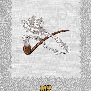 May include: A stylized illustration of a pipe with smoke swirling around it. The image is on a white background with a gray pattern.