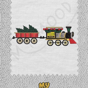 May include: A red and green train with a flatbed car carrying Christmas trees. The train is pulling a flatbed car with a red and green Christmas tree on it. The train is on a white background.