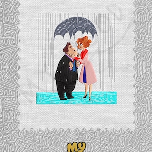 May include: Embroidered design of a couple standing under an umbrella in the rain. The man is wearing a black suit and the woman is wearing a pink dress. The design is on a white background with a blue border.