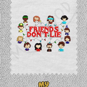 Puede incluir: Una bolsa de lona blanca con un gráfico rojo y blanco de los personajes de Stranger Things y el texto "Friends Don't Lie". La parte inferior de la bolsa tiene un gráfico amarillo de un monstruo de dibujos animados con el texto "My Mood".