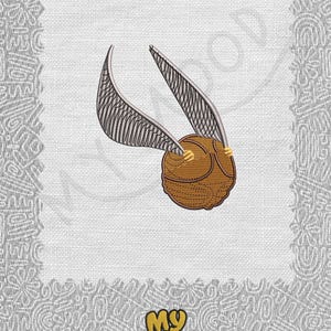 May include: Embroidered patch featuring a brown Golden Snitch with silver wings, a fictional object from the Harry Potter series. The patch is on a white background with a decorative gray border, and the words "My Mood" are at the bottom.