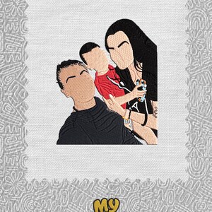 May include: A digital illustration of a family of three, a woman, a man, and a child. The woman has long black hair and is wearing a black shirt. The man has short brown hair and is wearing a black shirt. The child is wearing a red shirt. The illustration is on a white background with a grey border.