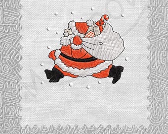 May include: Embroidered design of Santa Claus running with a bag of presents and a candy cane. The design is on a white fabric background with a gray border. The text "MY MOOD" is below the design in yellow with a black and pink cartoon face.