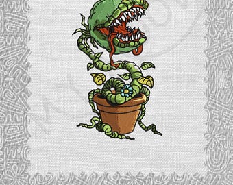 May include: A green, toothy, cartoon plant with a red tongue in a brown pot. The plant is on a white background with the text "MY MOOD" in yellow letters with a black cartoon face.