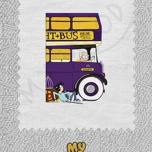Peut inclure: Écusson brodé représentant un bus à impériale violet et jaune avec le texte "Knight Bus" et "For the Stranded Witch or Wizard". Un personnage de dessin animé est allongé par terre. Les mots "My Mood" sont en dessous.