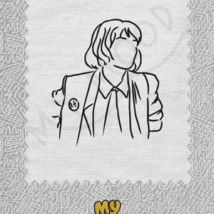 May include: Line drawing of a person with short hair wearing a suit jacket, a collared shirt, and a tie. The person is looking to the right. The drawing is on a white background with a "My Mood" logo in the bottom center.