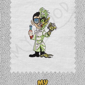 May include: Embroidered patch featuring a cartoon character, half human and half monster, in a lab coat, holding a vial. The character has green and yellow skin, and the text "My Mood" is at the bottom.