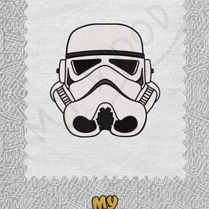 May include: A white and black illustration of a Star Wars Stormtrooper helmet on a white background with the text "MY MOOD" in yellow with a pink and black cartoon face.